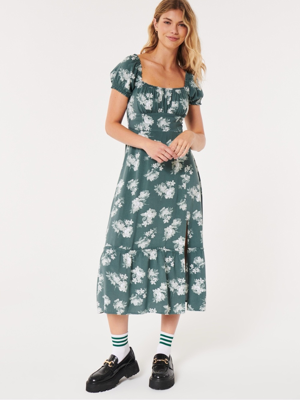 Hollister Green Floral Puff-Sleeve Midi Dress